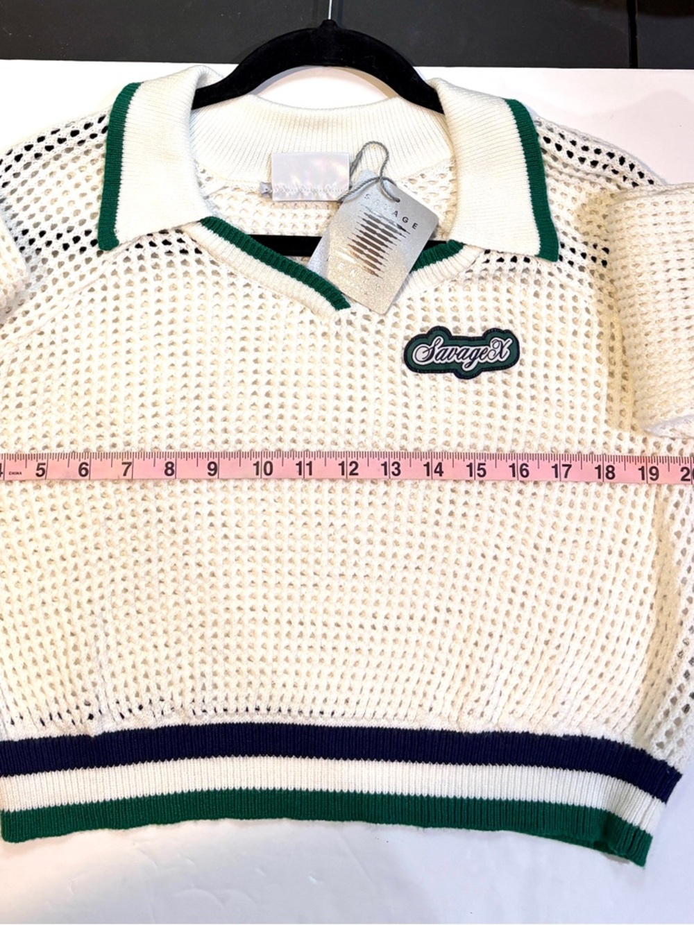 NWT Savage X Fenty 2X Open Knit Polo Sweater Y2K Preppy Cropped White Green - Picture 6 of 10
